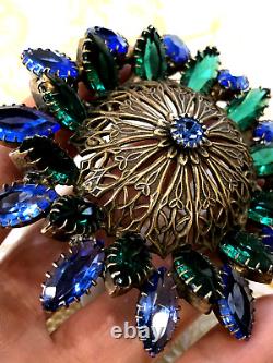 ANTIQUE ART NOUVEAU OLD 1920 BLUE GREEN MARQUISE STONES BRASS DOME BROOCH by CIS