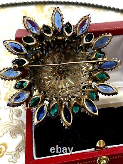 ANTIQUE ART NOUVEAU OLD 1920 BLUE GREEN MARQUISE STONES BRASS DOME BROOCH by CIS