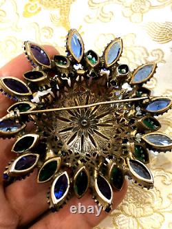 ANTIQUE ART NOUVEAU OLD 1920 BLUE GREEN MARQUISE STONES BRASS DOME BROOCH by CIS