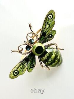 ANTIQUE. Art Nouveau 14k Yellow Gold Plique-à-Jour Enamel Fly Brooch Lapel Pin