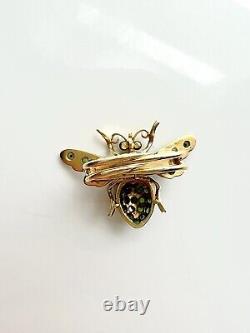 ANTIQUE. Art Nouveau 14k Yellow Gold Plique-à-Jour Enamel Fly Brooch Lapel Pin