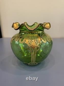 ANTIQUE Art Nouveau Josephinehutte Handpainted Gold & Green Art Glass Vase 5.5H