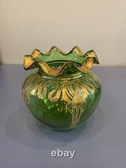 ANTIQUE Art Nouveau Josephinehutte Handpainted Gold & Green Art Glass Vase 5.5H