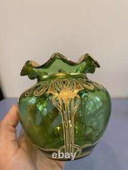 ANTIQUE Art Nouveau Josephinehutte Handpainted Gold & Green Art Glass Vase 5.5H