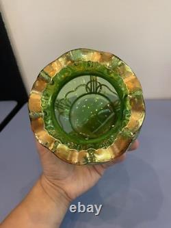 ANTIQUE Art Nouveau Josephinehutte Handpainted Gold & Green Art Glass Vase 5.5H