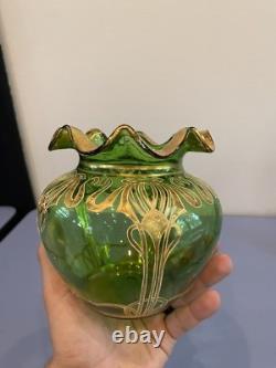 ANTIQUE Art Nouveau Josephinehutte Handpainted Gold & Green Art Glass Vase 5.5H