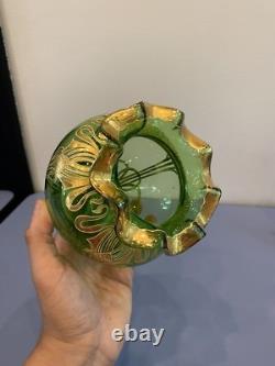ANTIQUE Art Nouveau Josephinehutte Handpainted Gold & Green Art Glass Vase 5.5H