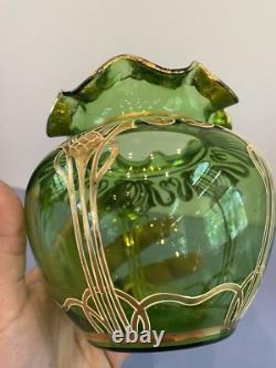 ANTIQUE Art Nouveau Josephinehutte Handpainted Gold & Green Art Glass Vase 5.5H