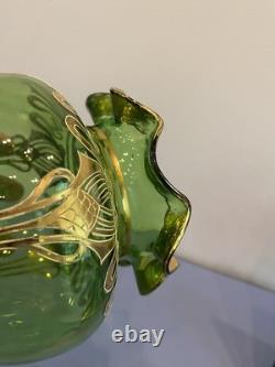 ANTIQUE Art Nouveau Josephinehutte Handpainted Gold & Green Art Glass Vase 5.5H