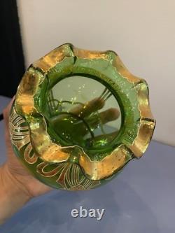 ANTIQUE Art Nouveau Josephinehutte Handpainted Gold & Green Art Glass Vase 5.5H