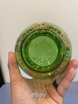 ANTIQUE Art Nouveau Josephinehutte Handpainted Gold & Green Art Glass Vase 5.5H