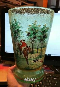 ANTIQUE BOHEMIAN SEEDED Blown Glass Hand Painted Enamel VASE Hunt Scene 10 3/4