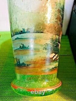 ANTIQUE BOHEMIAN SEEDED Blown Glass Hand Painted Enamel VASE Hunt Scene 10 3/4