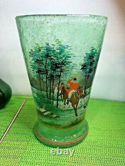 ANTIQUE BOHEMIAN SEEDED Blown Glass Hand Painted Enamel VASE Hunt Scene 10 3/4