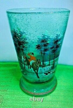 ANTIQUE BOHEMIAN SEEDED Blown Glass Hand Painted Enamel VASE Hunt Scene 10 3/4