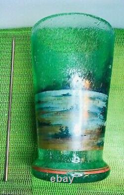 ANTIQUE BOHEMIAN SEEDED Blown Glass Hand Painted Enamel VASE Hunt Scene 10 3/4