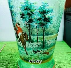 ANTIQUE BOHEMIAN SEEDED Blown Glass Hand Painted Enamel VASE Hunt Scene 10 3/4