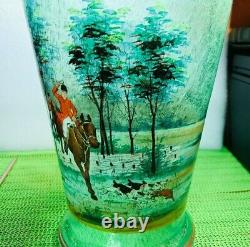 ANTIQUE BOHEMIAN SEEDED Blown Glass Hand Painted Enamel VASE Hunt Scene 10 3/4