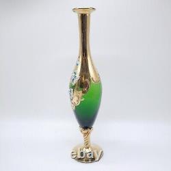 ANTIQUE Bohemian 14.25 Vase GILDED HAND PAINTED Relief Flowers Green Glass READ