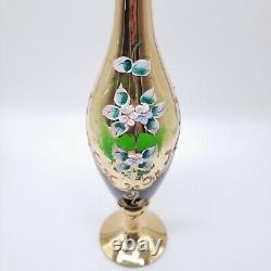 ANTIQUE Bohemian 14.25 Vase GILDED HAND PAINTED Relief Flowers Green Glass READ