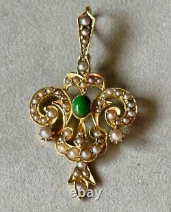 ANTIQUE EDWARDIAN 15ct ART NOUVEAU GOLD NATURAL SEED PEARL TURQUOISE PENDANT 4g