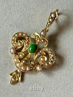 ANTIQUE EDWARDIAN 15ct ART NOUVEAU GOLD NATURAL SEED PEARL TURQUOISE PENDANT 4g