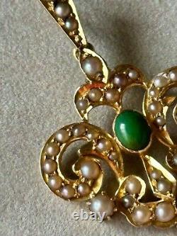 ANTIQUE EDWARDIAN 15ct ART NOUVEAU GOLD NATURAL SEED PEARL TURQUOISE PENDANT 4g