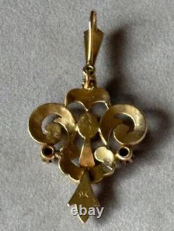ANTIQUE EDWARDIAN 15ct ART NOUVEAU GOLD NATURAL SEED PEARL TURQUOISE PENDANT 4g