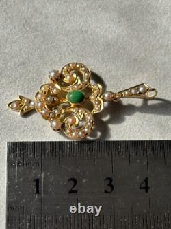 ANTIQUE EDWARDIAN 15ct ART NOUVEAU GOLD NATURAL SEED PEARL TURQUOISE PENDANT 4g