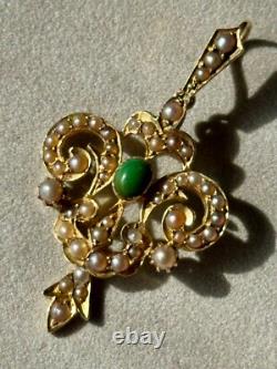 ANTIQUE EDWARDIAN 15ct ART NOUVEAU GOLD NATURAL SEED PEARL TURQUOISE PENDANT 4g
