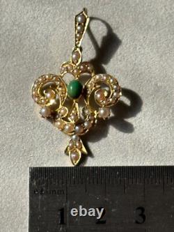ANTIQUE EDWARDIAN 15ct ART NOUVEAU GOLD NATURAL SEED PEARL TURQUOISE PENDANT 4g
