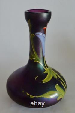 ANTIQUE IRIDISED GLASS Jugendstil/Art Nouveau Vase POSCHINGER Hand ENAMELED rare