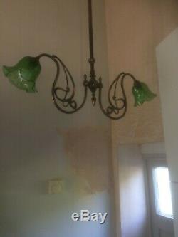 ANTIQUE PENDANT CEILING LIGHT bronzed finish with 2 perfect green tulip shades