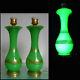 Antique Victorian Pair Table Lamp Green Opaline Vaseline Glass 19th Art Nouveau