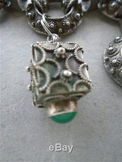 ANTIQUE VINTAGE Italian Etruscan 800 SILVER charms pendant green stones BRACELET