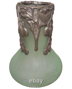 ART NOUVEAU ANTIQUE OPAQUE MINT GREEN GLASS VASE WithORNATE FLORAL PEWTER OVERLAY