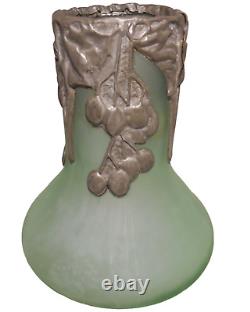 ART NOUVEAU ANTIQUE OPAQUE MINT GREEN GLASS VASE WithORNATE FLORAL PEWTER OVERLAY