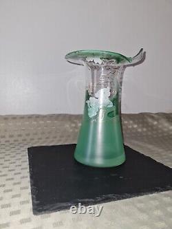 ART NOUVEAU BOHEMIAN GREEN ENAMEL PAINTED Glass Vase