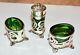 Art Nouveau English Silver Green Glass 3 Pce Cruet Set Levi & Salaman Bham 1903