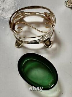 ART NOUVEAU English Silver Green Glass 3 Pce Cruet Set Levi & Salaman BHam 1903