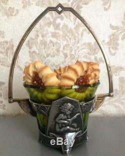 ART NOUVEAU Jugendstil WMF SILVER PLATED CHERUB GREEN GLASS INSERT SUGAR Basket