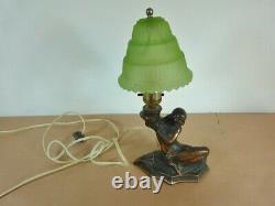 ART NOUVEAU KNEELING WOMAN Green Satin Glass METAL LAMP 13 TALL unbranded