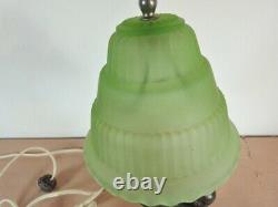 ART NOUVEAU KNEELING WOMAN Green Satin Glass METAL LAMP 13 TALL unbranded