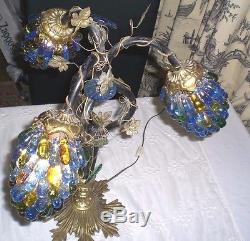 ART NOUVEAU LAMP with 3 CZECH GRAPE CLUSTER SHADES / Antique