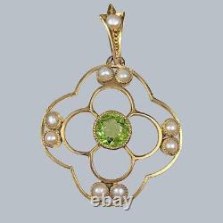 ART NOUVEAU PENDANT 15ct GOLD PERIDOT and PEARL FLORAL PENDANT Antique ca 1900