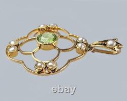 ART NOUVEAU PENDANT 15ct GOLD PERIDOT and PEARL FLORAL PENDANT Antique ca 1900