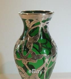 ART NOUVEAU SILVER OVERLAY on GREEN ART GLASS VASE, 8 HIGH