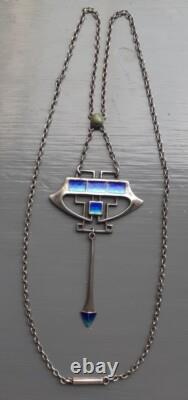 ART NOUVEAU Silver and Enamel Pendant Necklace with Turquoise 45cm 8cm Drop