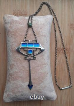 ART NOUVEAU Silver and Enamel Pendant Necklace with Turquoise 45cm 8cm Drop