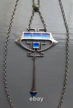 ART NOUVEAU Silver and Enamel Pendant Necklace with Turquoise 45cm 8cm Drop